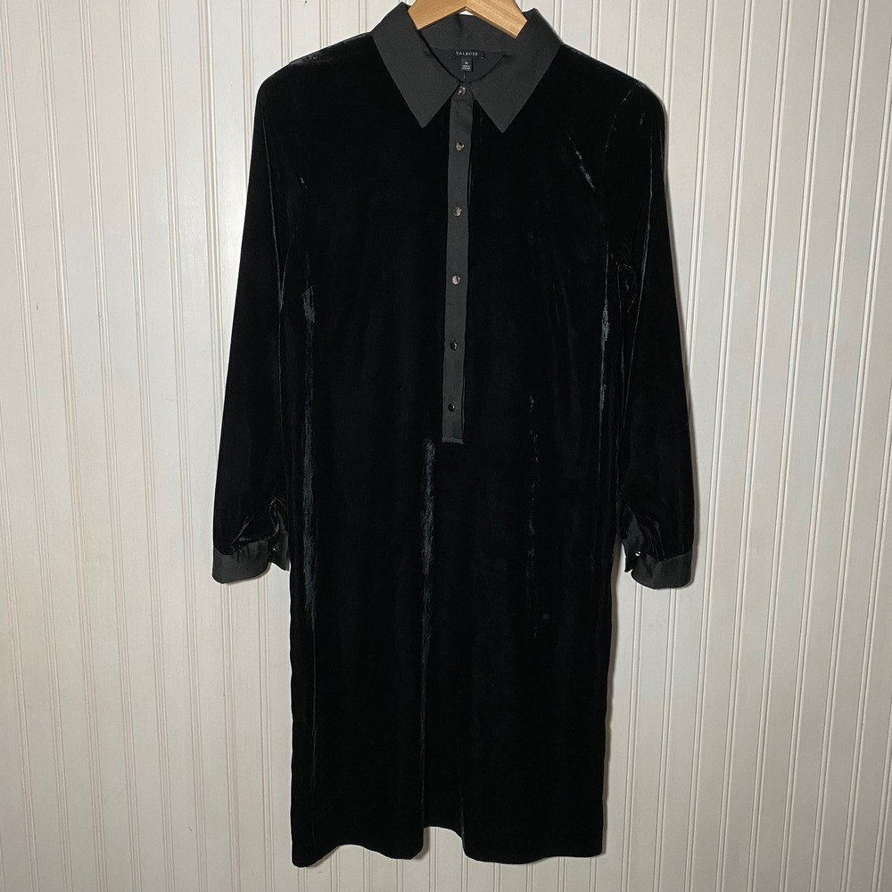NWT Talbots Whimsigoth Black Crushed Velvet Satin Collar Shift Dress Velour - M - Picture 4 of 10